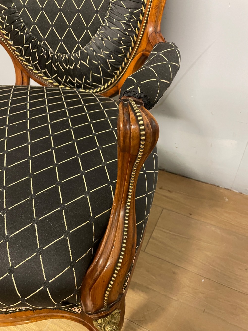 C19TH French walnut brass mounted spoon back armchair  View V