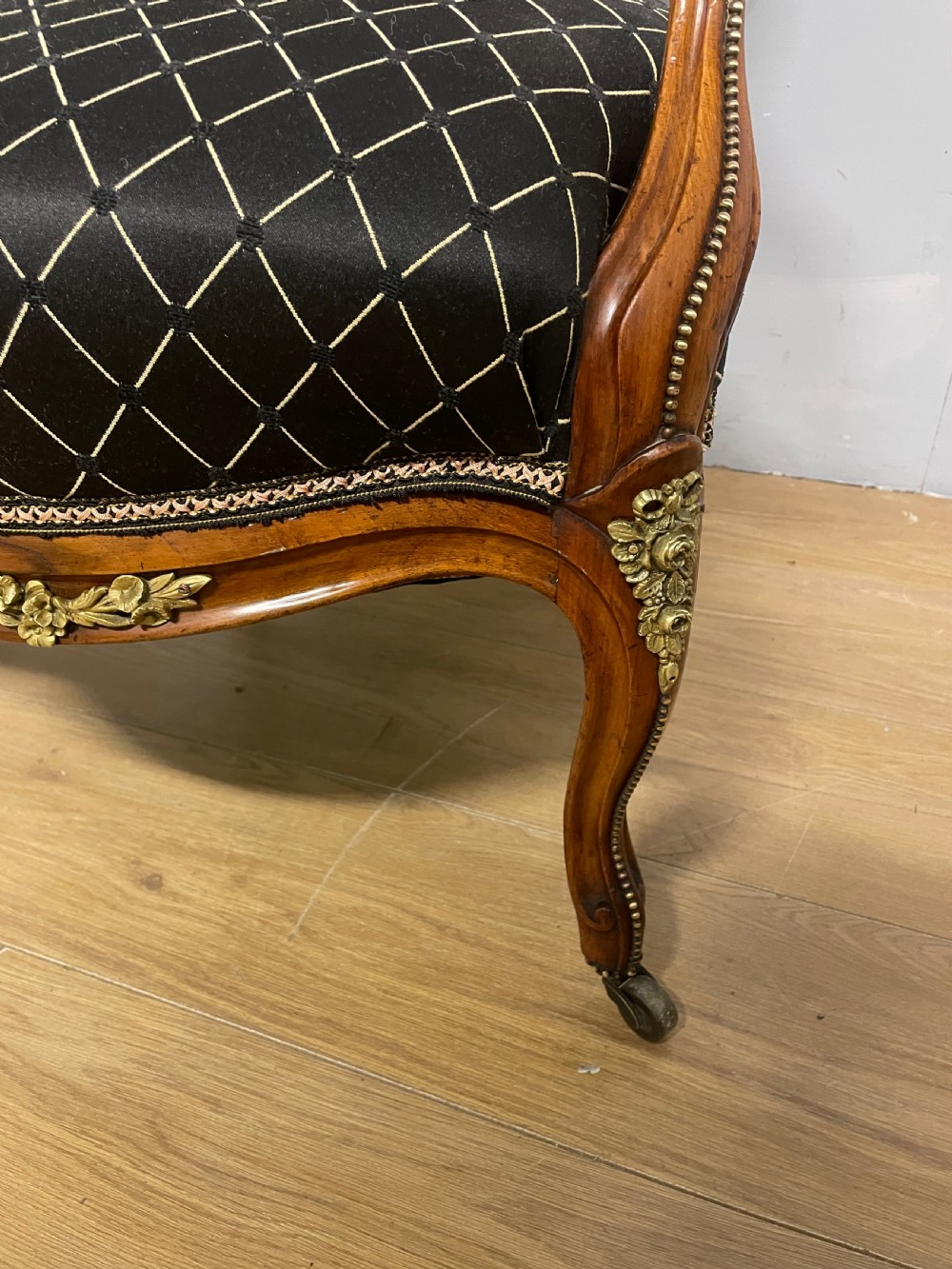 C19TH French walnut brass mounted spoon back armchair  View VI