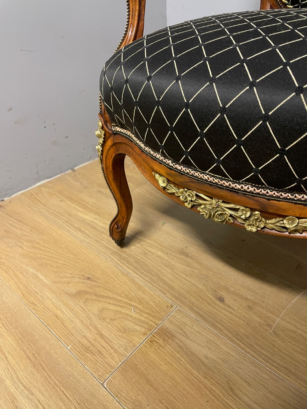 C19TH French walnut brass mounted spoon back armchair  View VII