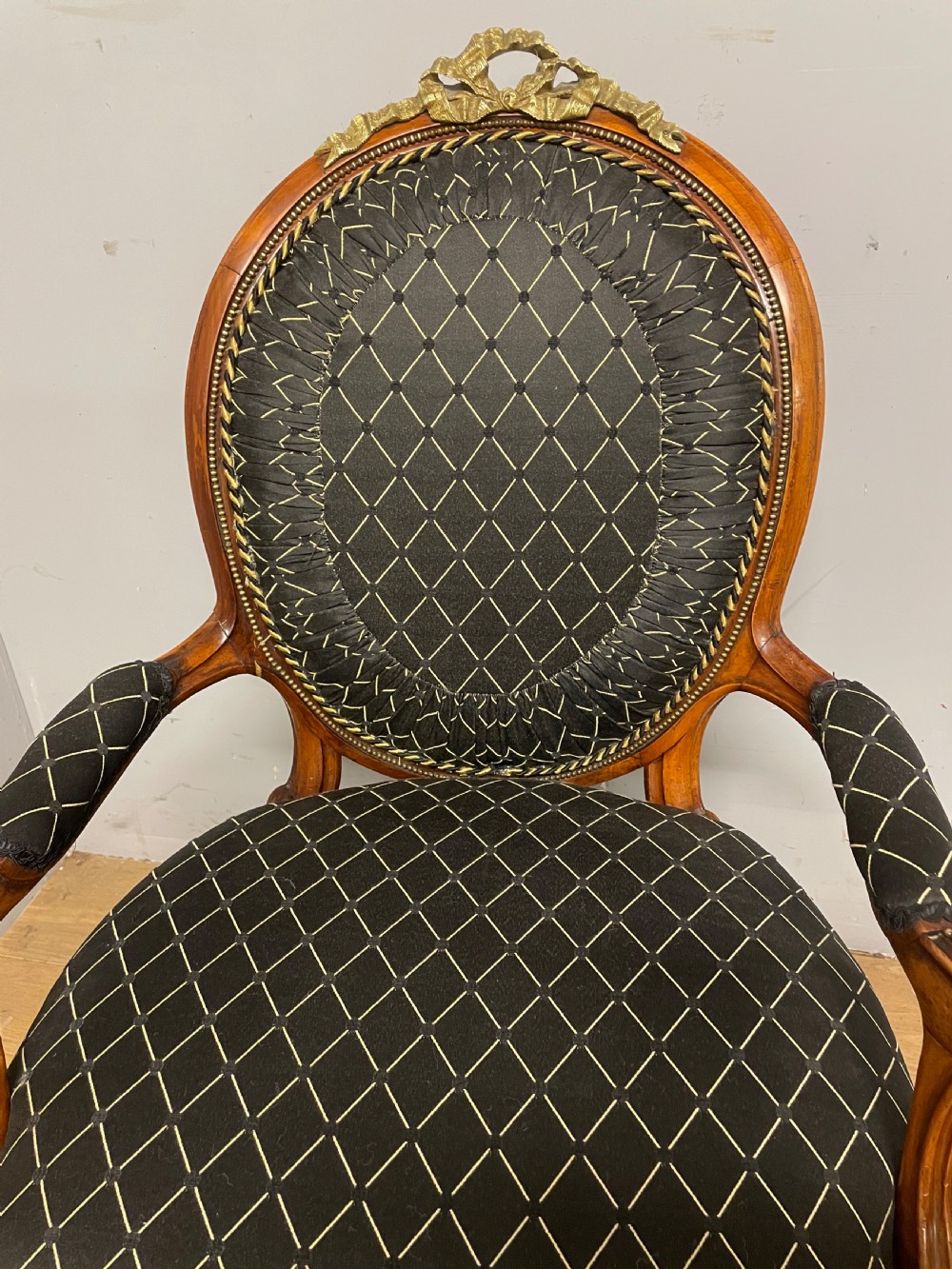 C19TH French walnut brass mounted spoon back armchair  View IX
