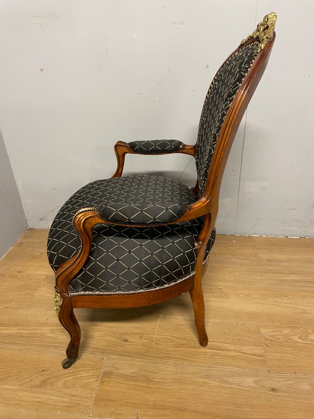 C19TH French walnut brass mounted spoon back armchair  View X