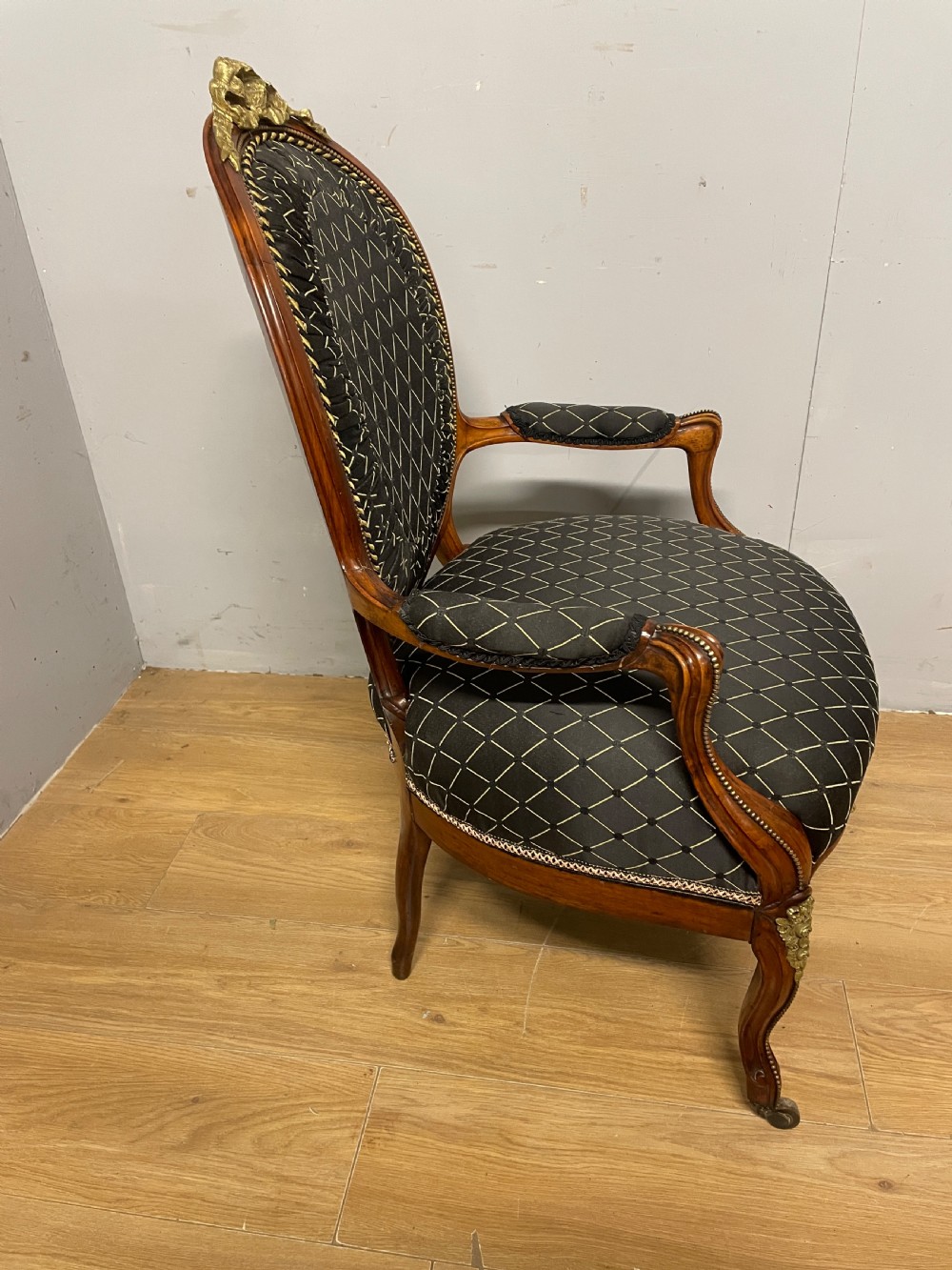 C19TH French walnut brass mounted spoon back armchair  View XII