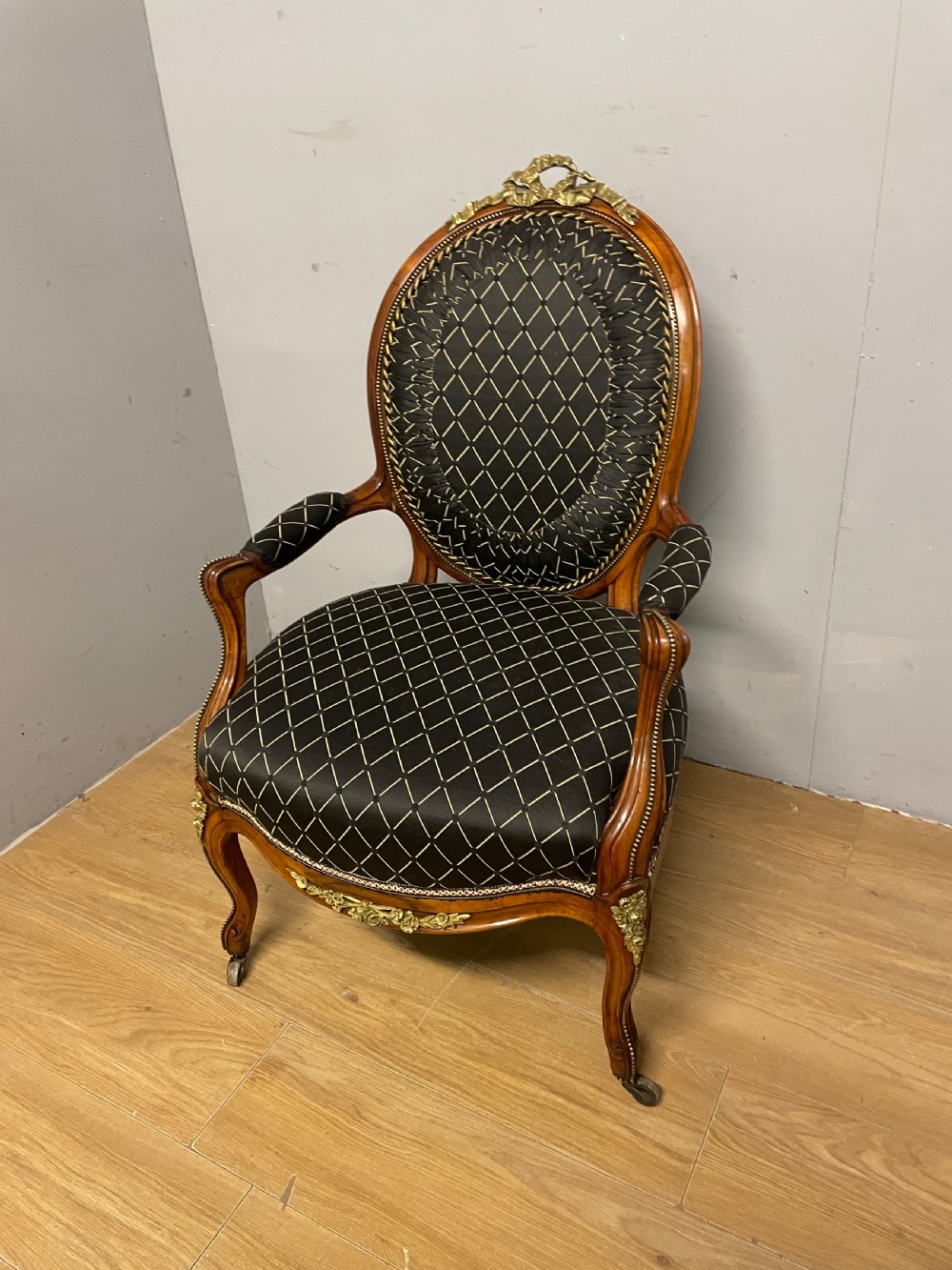 C19TH French walnut brass mounted spoon back armchair  View XIII