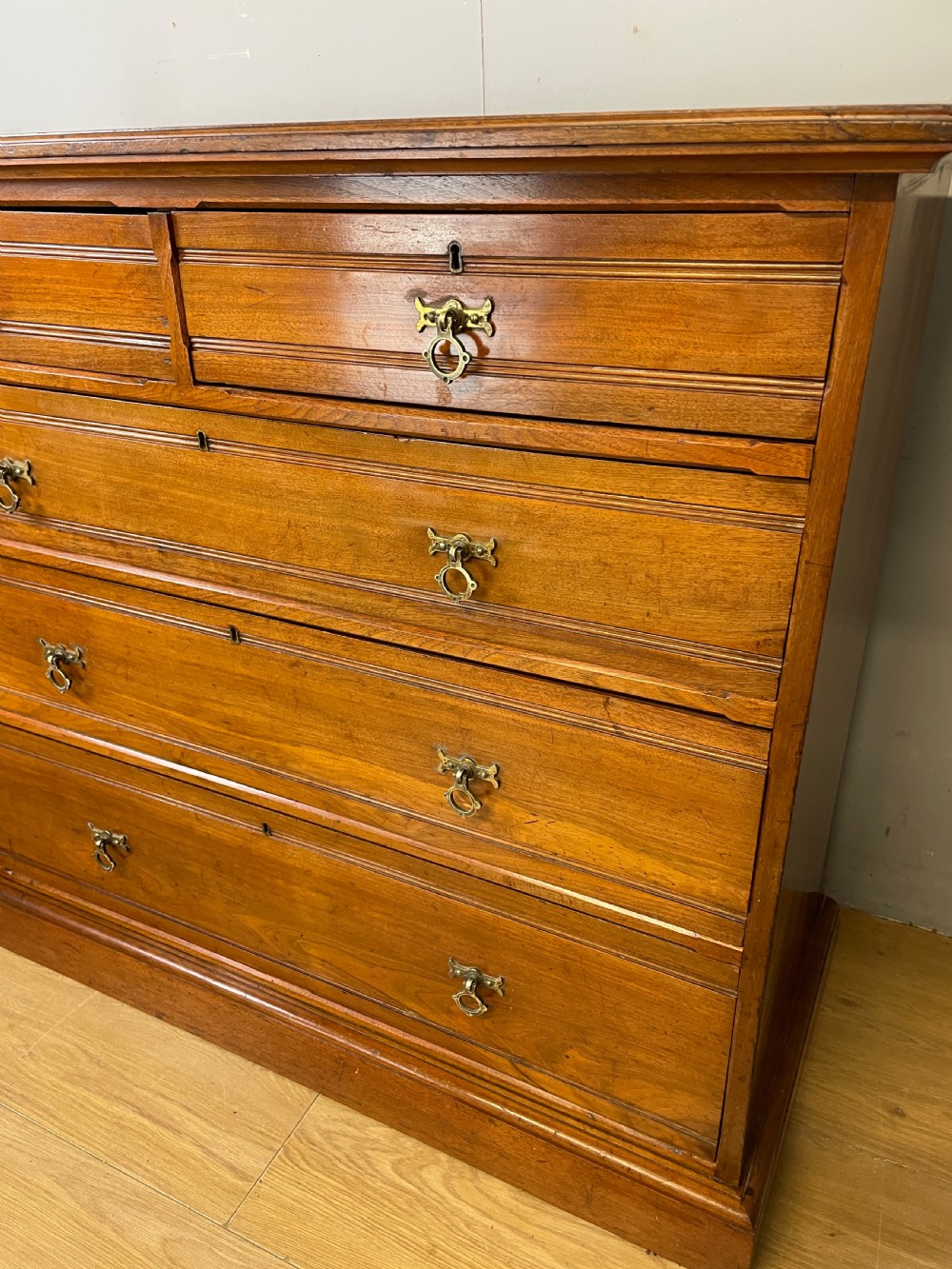 C19TH solid walnut four height chest with gothic style handles  View IV