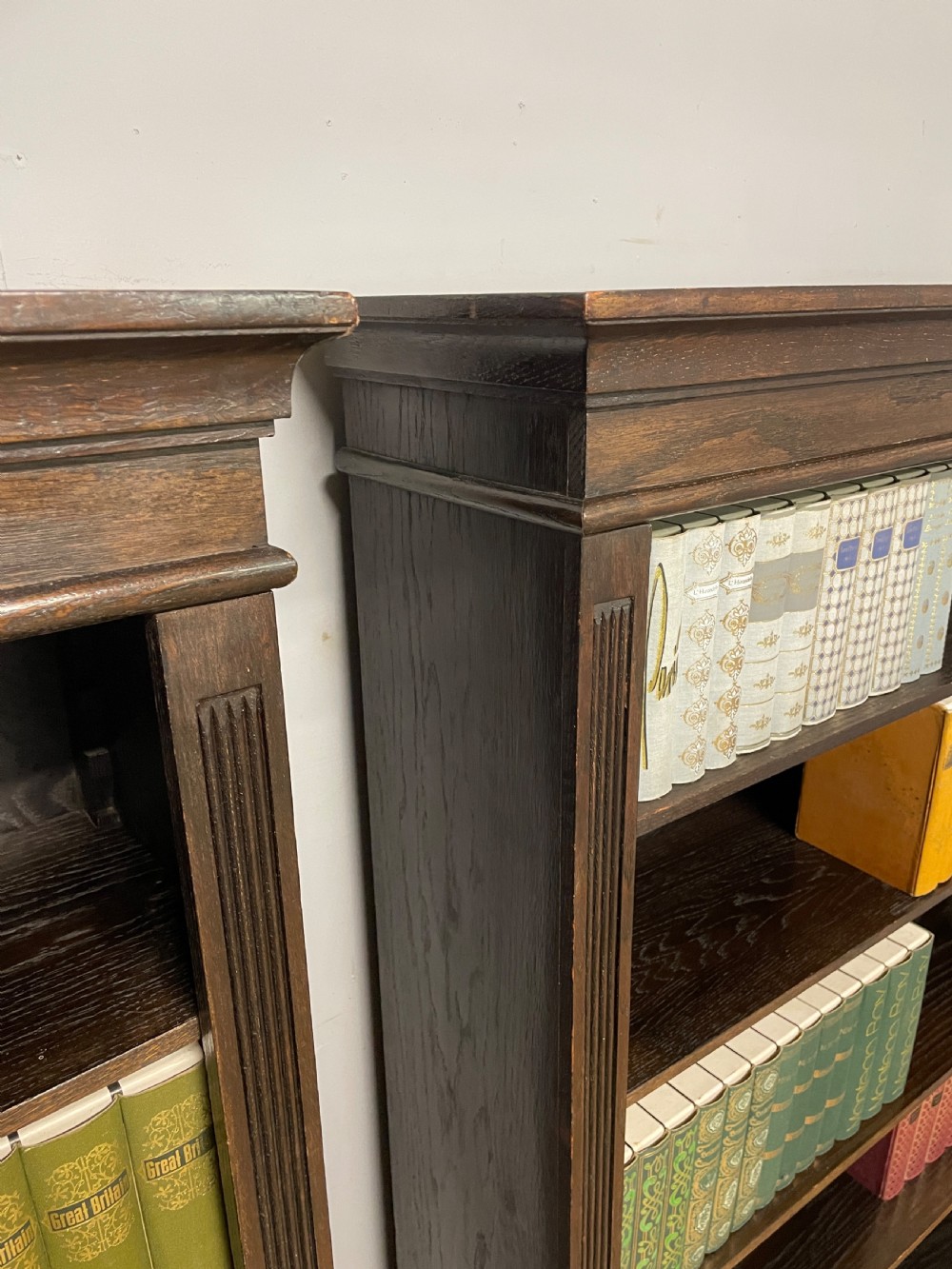 Pair of Edwardian oak freestanding bookcases circa1910 View IV