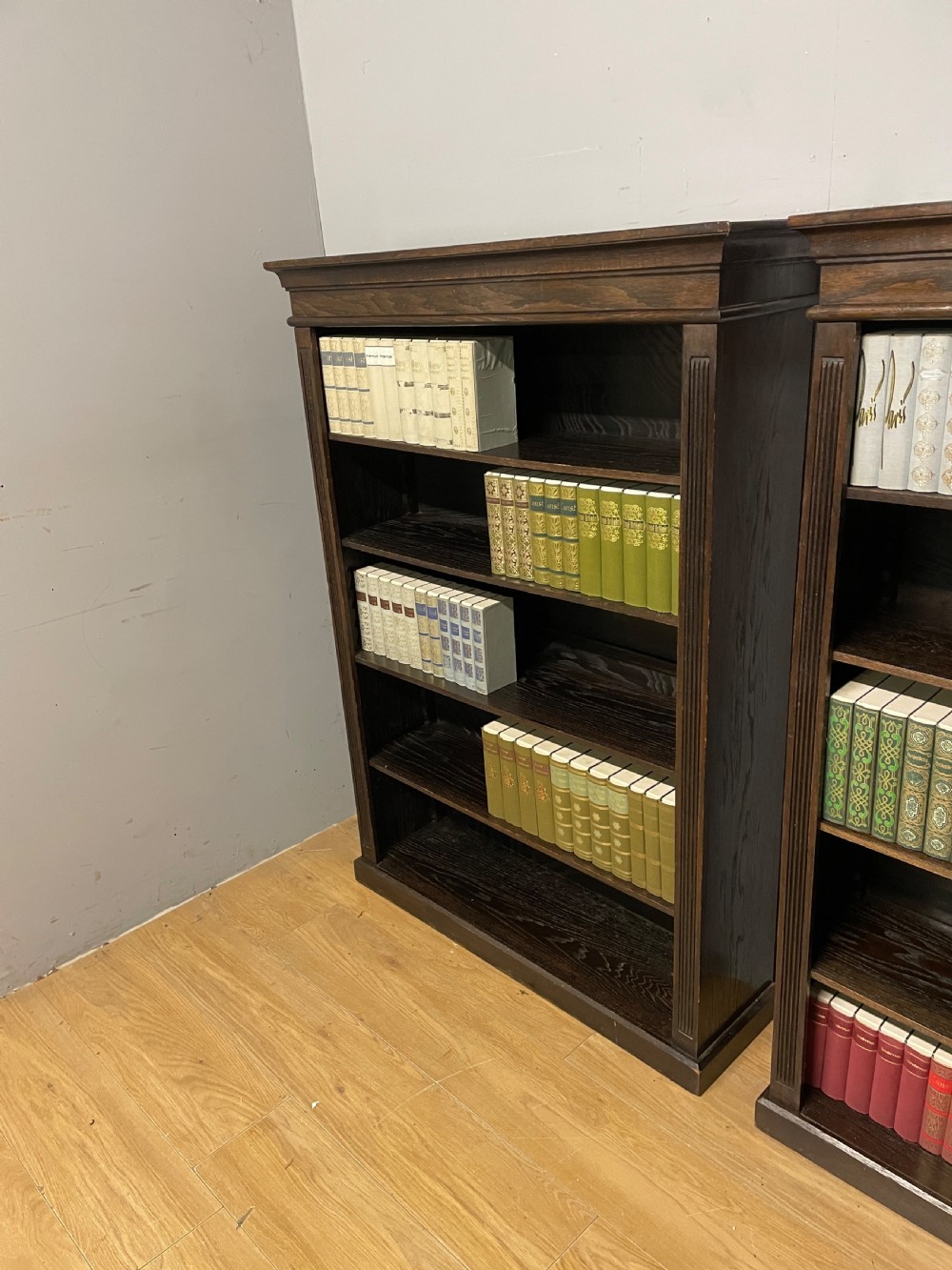 Pair of Edwardian oak freestanding bookcases circa1910 View VII