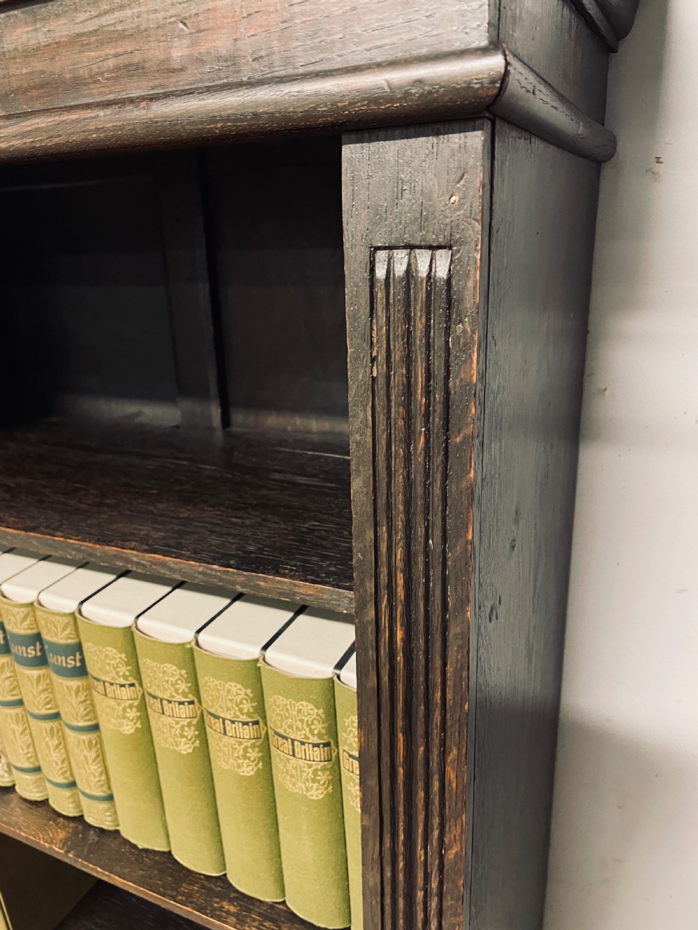 Edwardian solid oak freestanding bookcase  View II