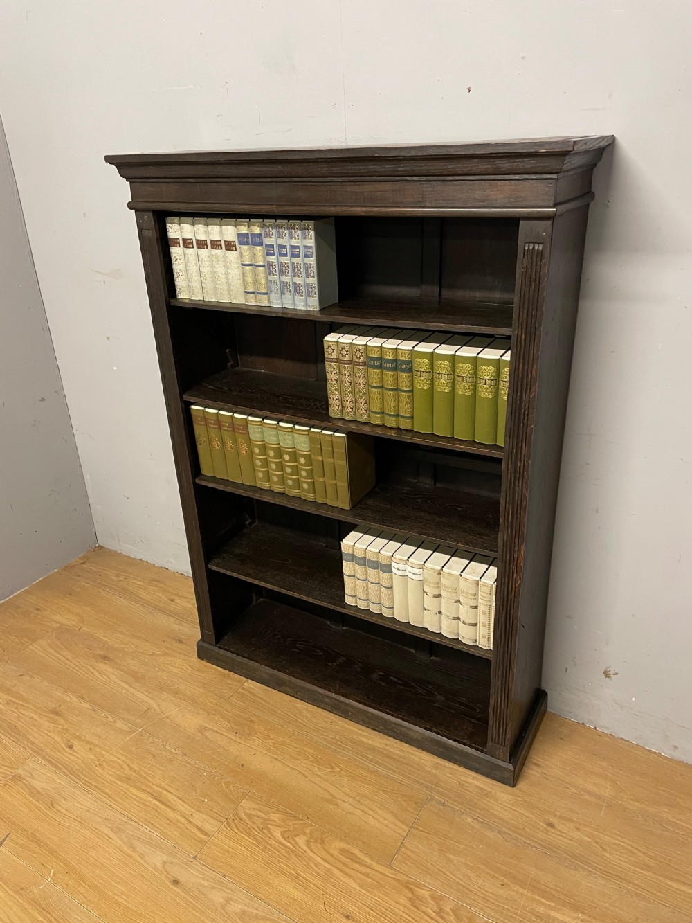 Edwardian solid oak freestanding bookcase  View III