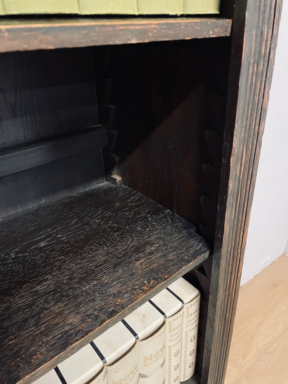 Edwardian solid oak freestanding bookcase  View V