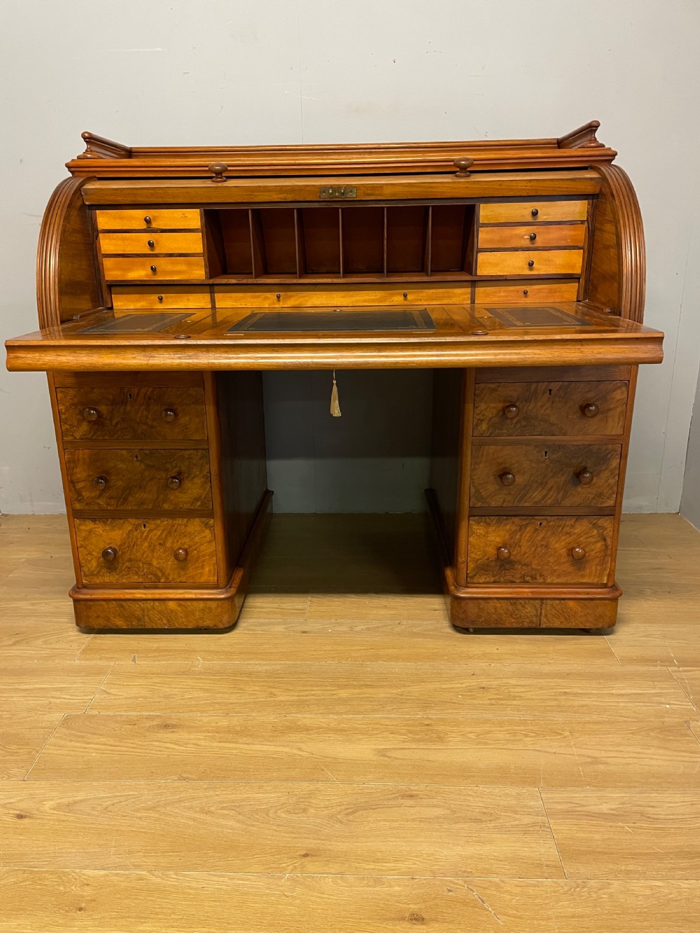C19TH London made walnut twin pedestal cylinder desk Superb quality View III