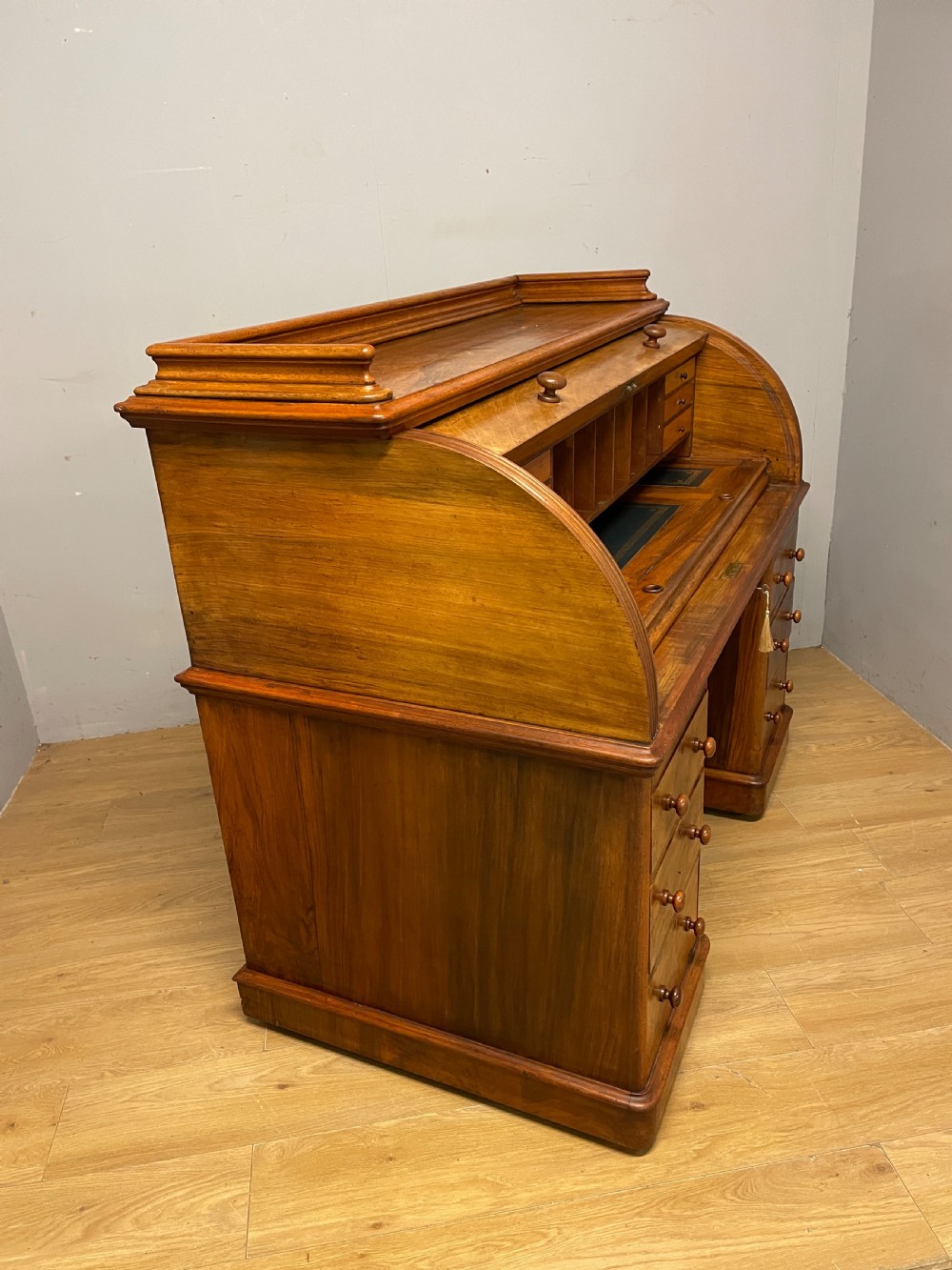 C19TH London made walnut twin pedestal cylinder desk Superb quality View XVII