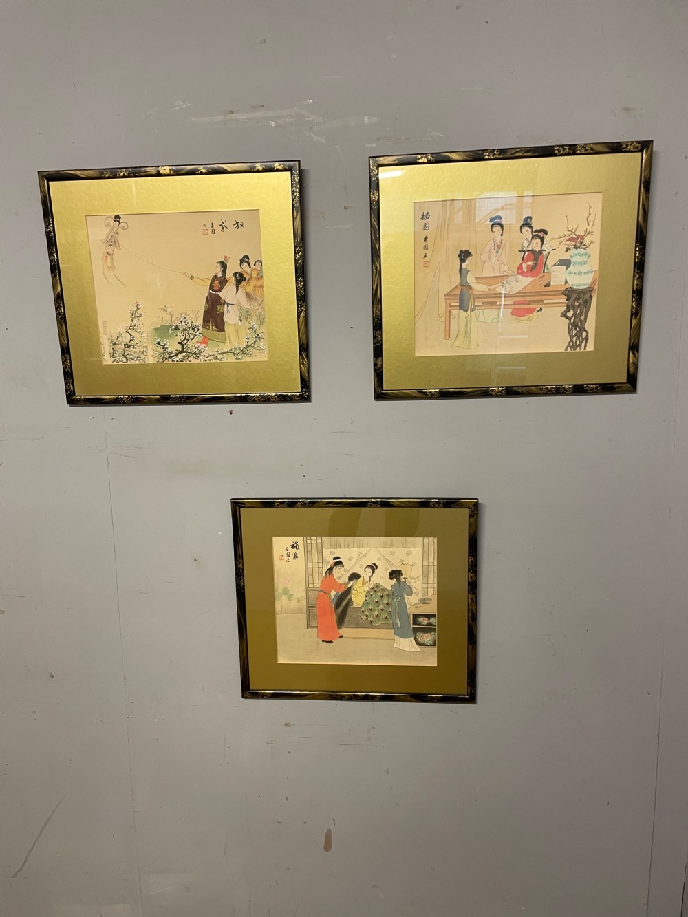 Set of three Chinese paintings on silk in chinoiserie frames circa 1930