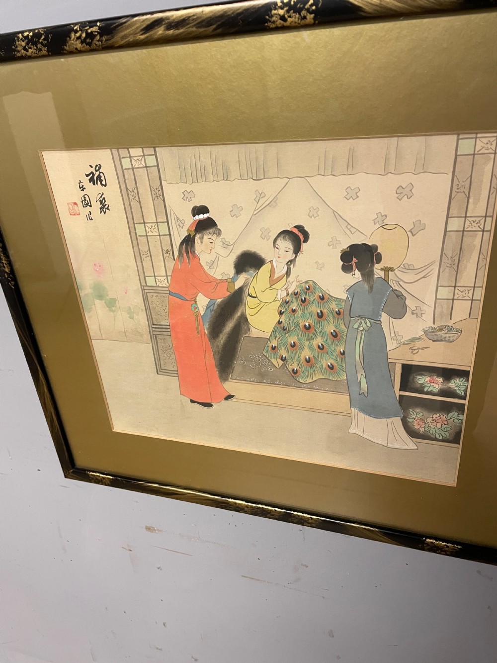 Set of three Chinese paintings on silk in chinoiserie frames circa 1930 View X