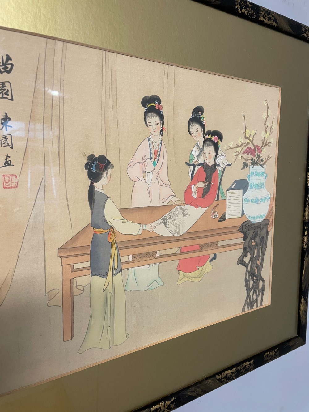 Set of three Chinese paintings on silk in chinoiserie frames circa 1930 View XI