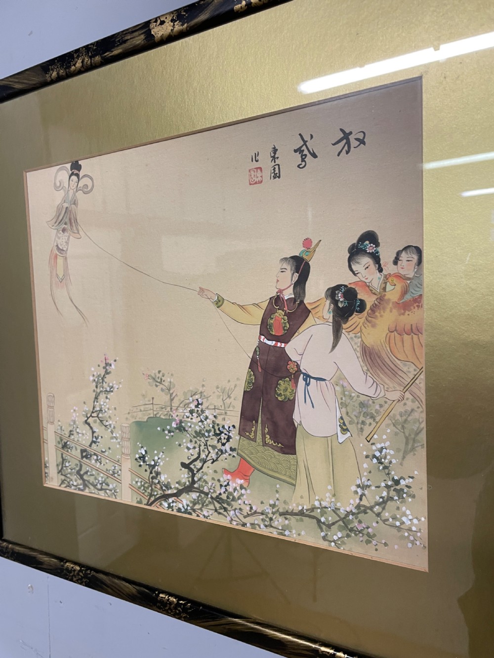 Set of three Chinese paintings on silk in chinoiserie frames circa 1930 View XII