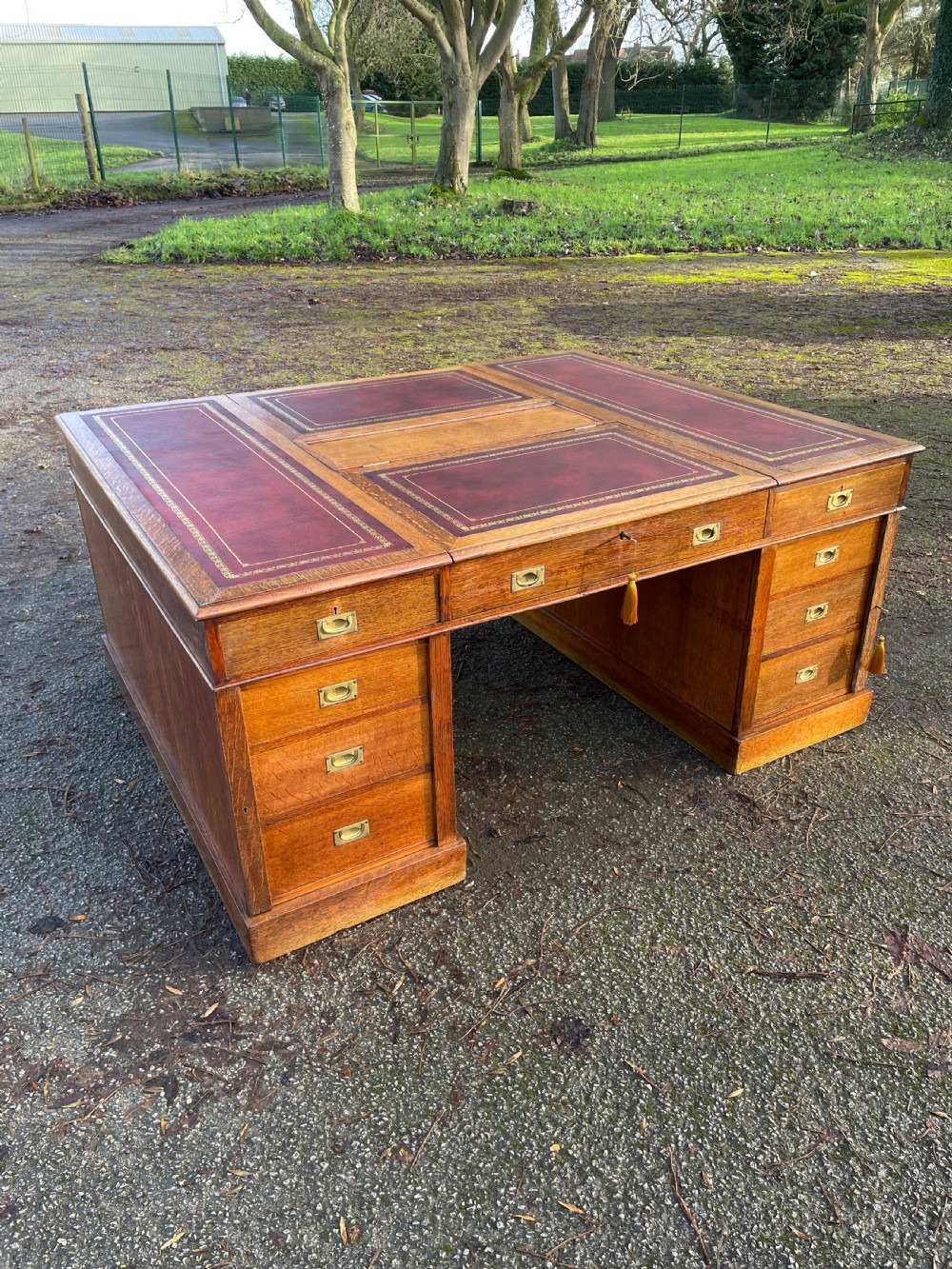 C19TH golden oak military style twin pedestal partners desk 