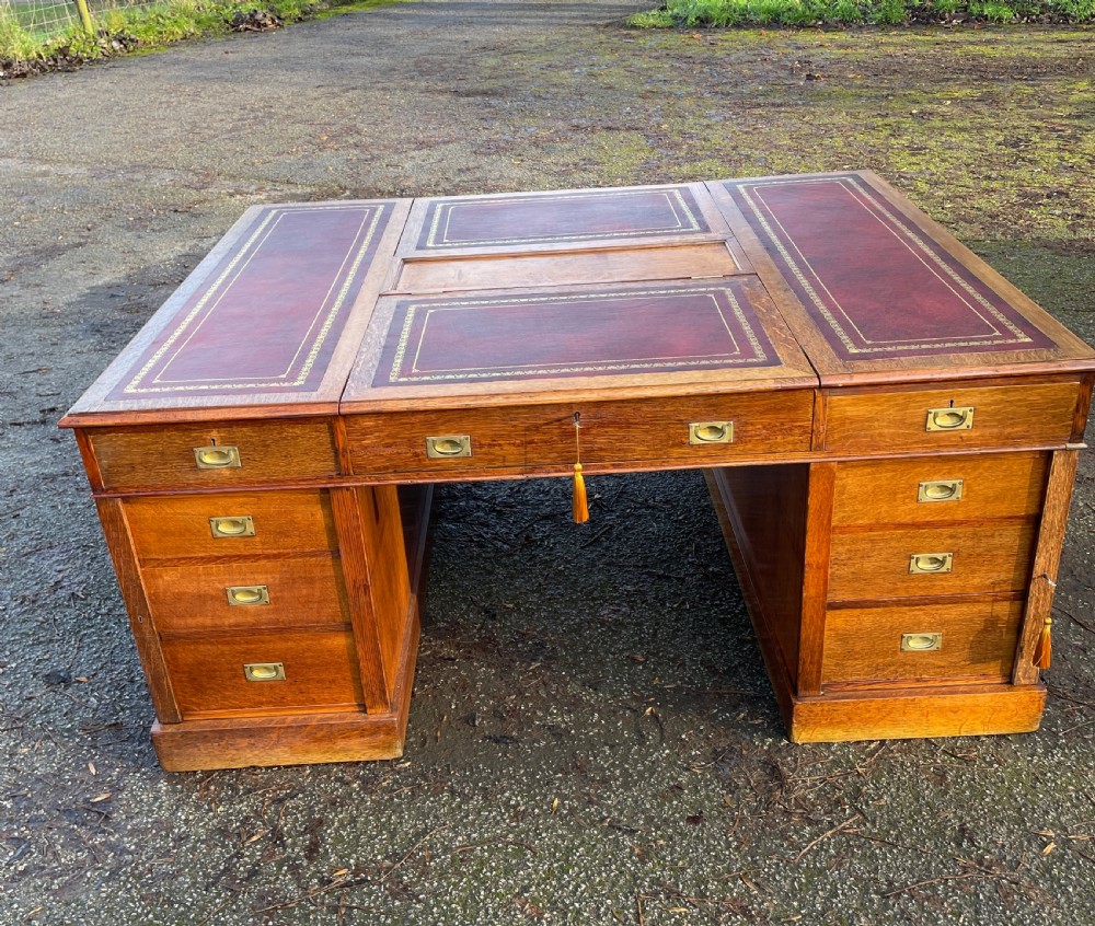 C19TH golden oak military style twin pedestal partners desk  View II