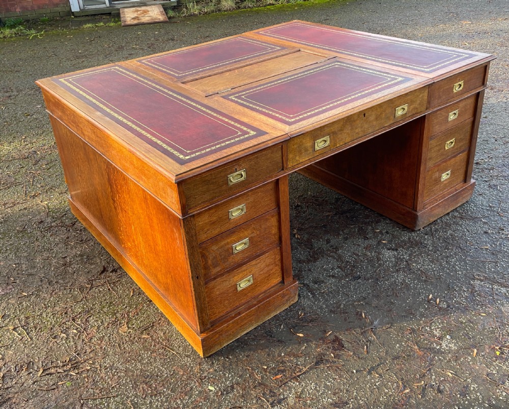 C19TH golden oak military style twin pedestal partners desk  View VI