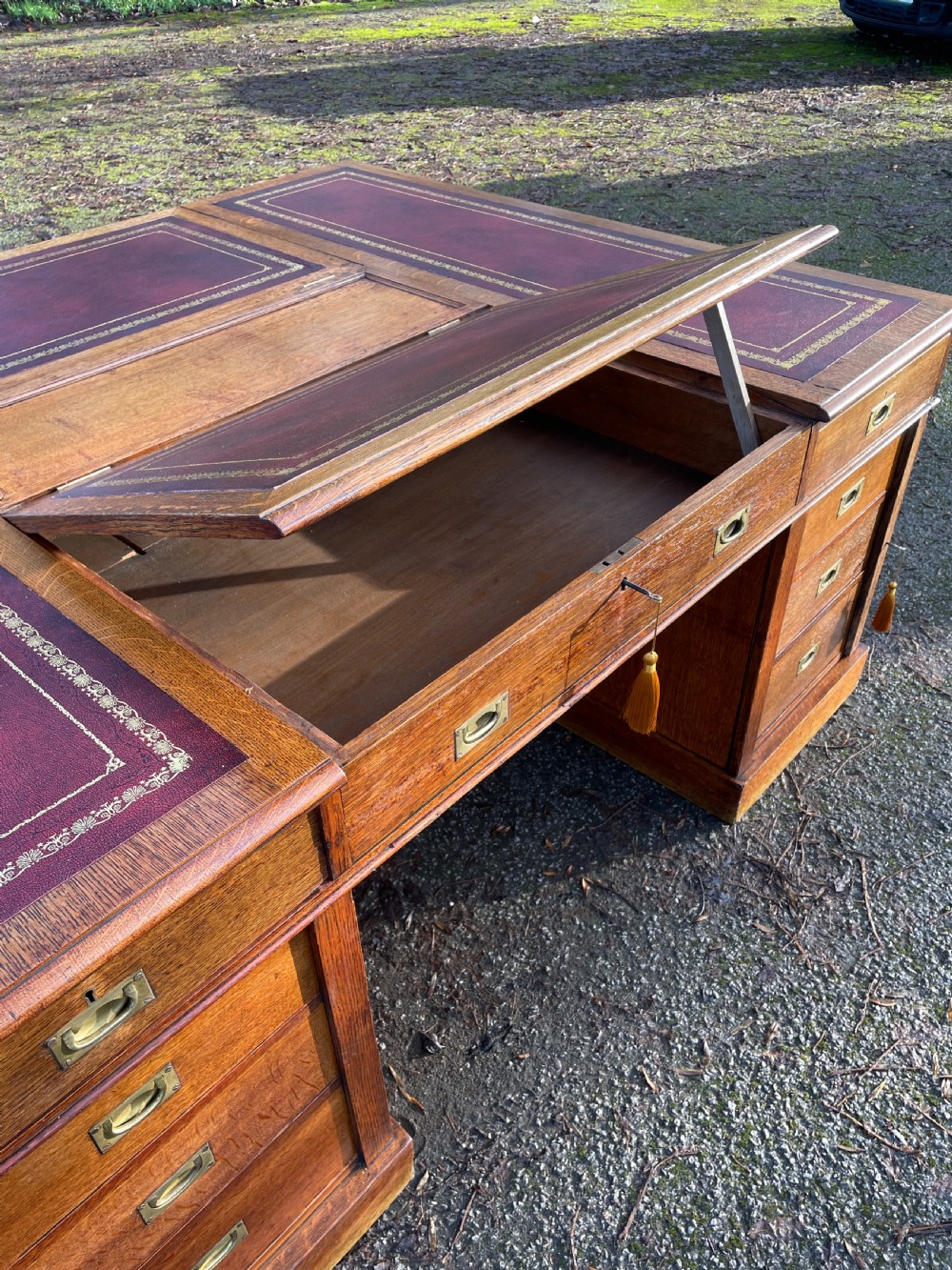 C19TH golden oak military style twin pedestal partners desk  View VIII