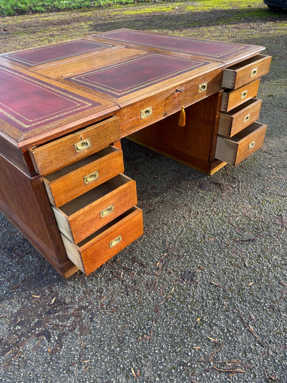 C19TH golden oak military style twin pedestal partners desk  View X
