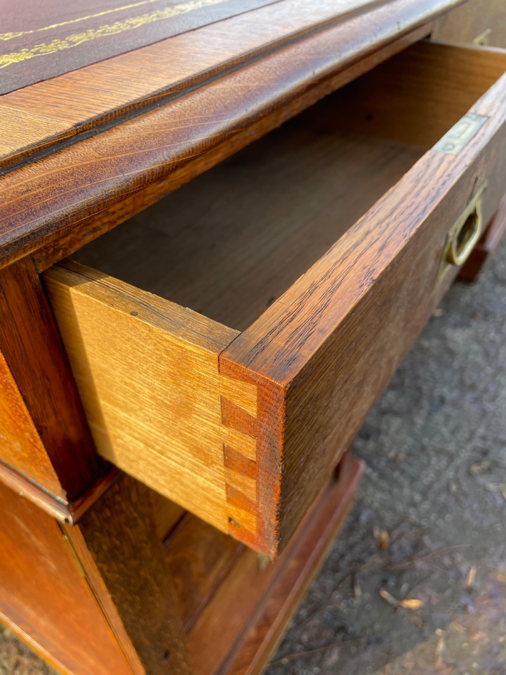 C19TH golden oak military style twin pedestal partners desk  View XII