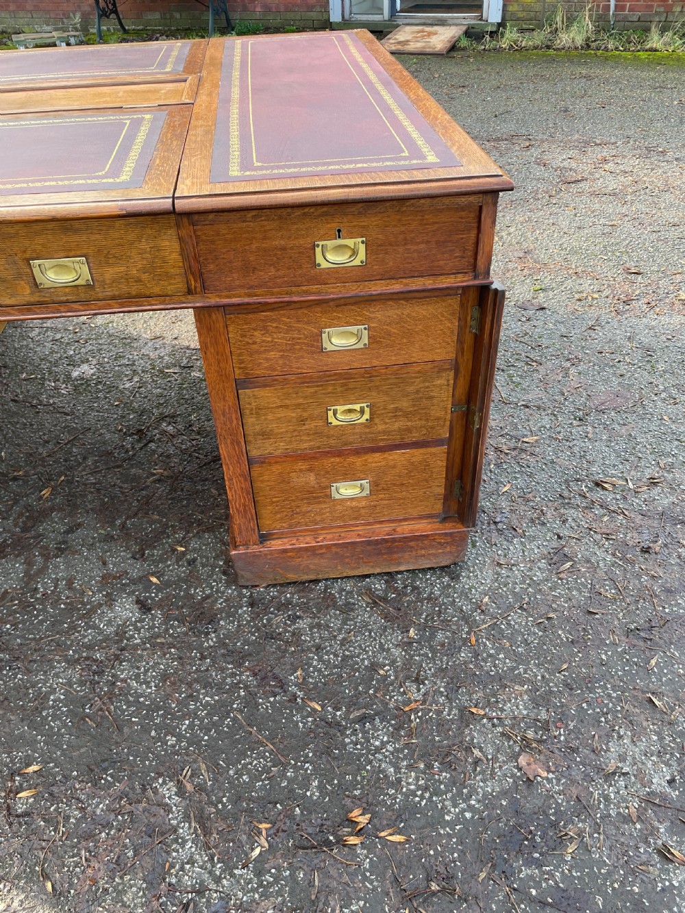 C19TH golden oak military style twin pedestal partners desk  View XIII