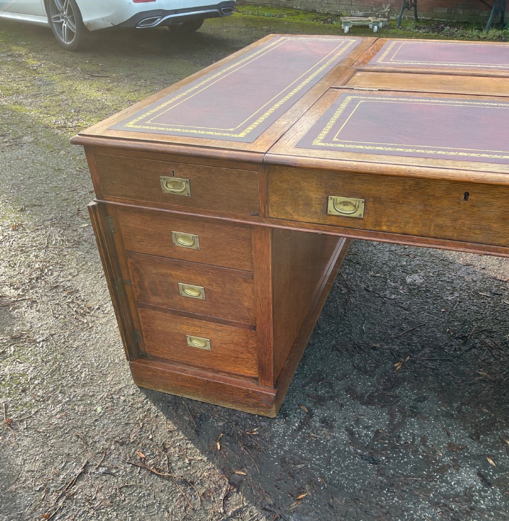 C19TH golden oak military style twin pedestal partners desk  View XIV