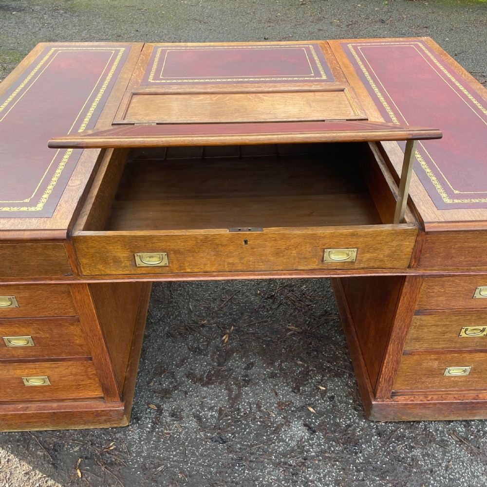 C19TH golden oak military style twin pedestal partners desk  View XV