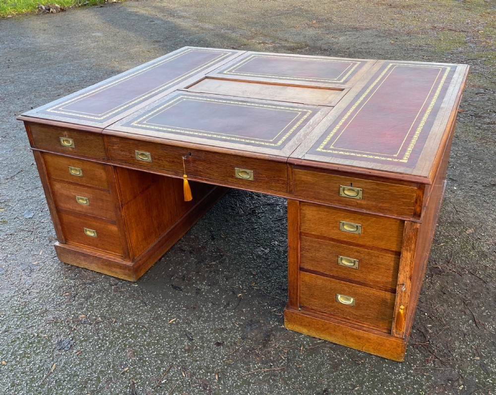 C19TH golden oak military style twin pedestal partners desk  View XVI