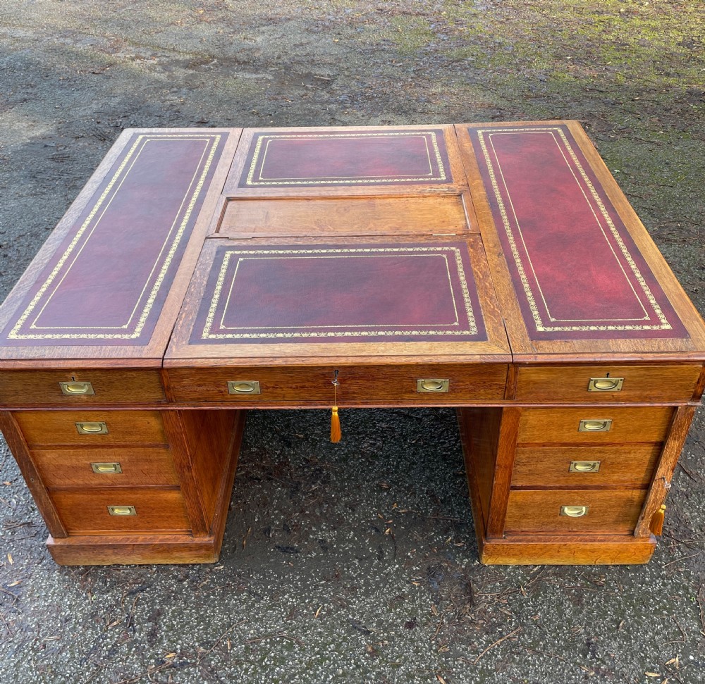 C19TH golden oak military style twin pedestal partners desk  View XVII