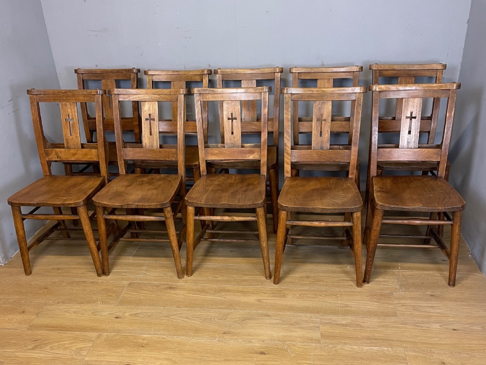 Set of 10 C19TH elm and beech chapel chairs 