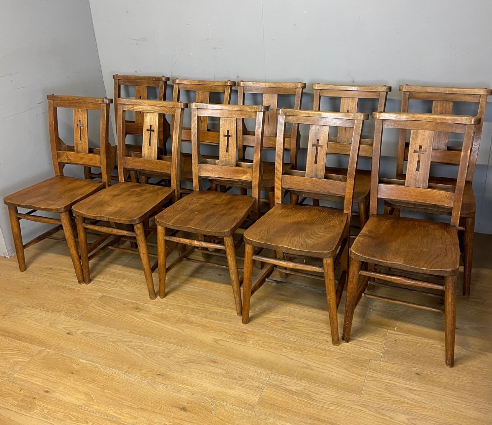 Set of 10 C19TH elm and beech chapel chairs  View II