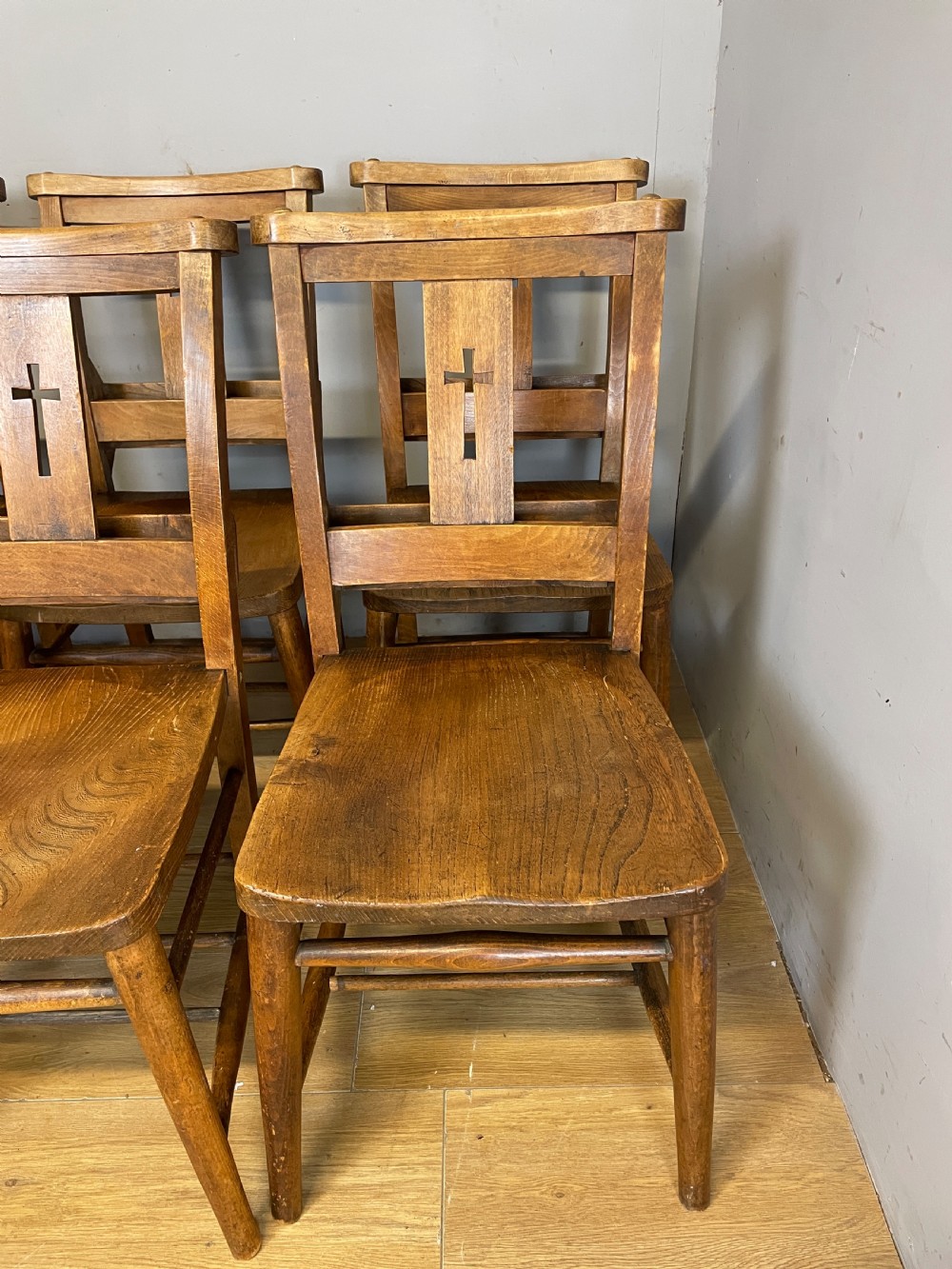 Set of 10 C19TH elm and beech chapel chairs  View III