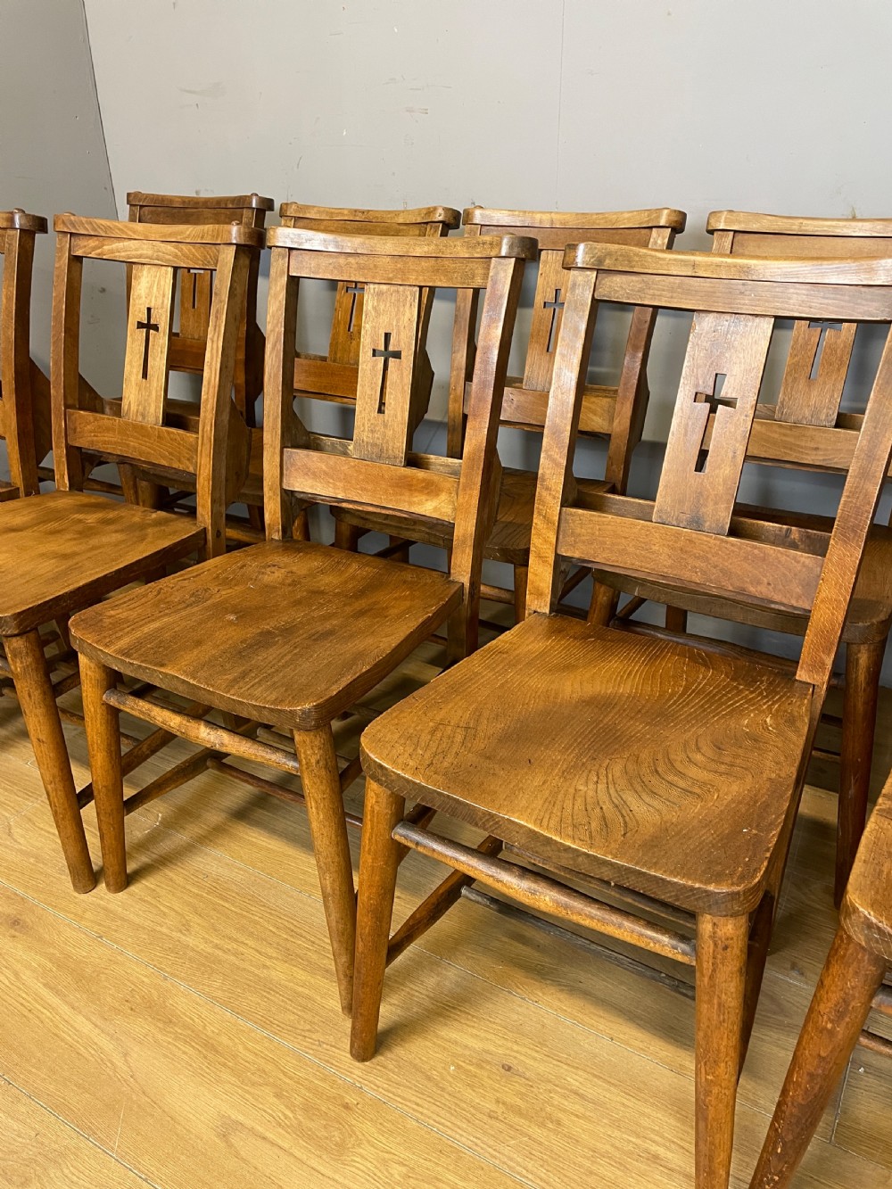 Set of 10 C19TH elm and beech chapel chairs  View IV