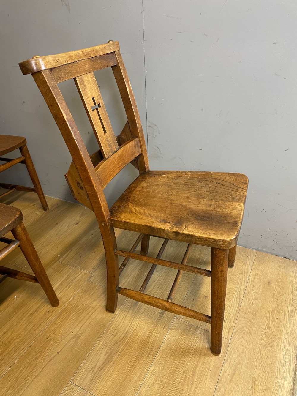 Set of 10 C19TH elm and beech chapel chairs  View IX