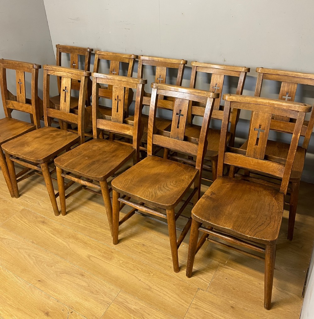 Set of 10 C19TH elm and beech chapel chairs  View X