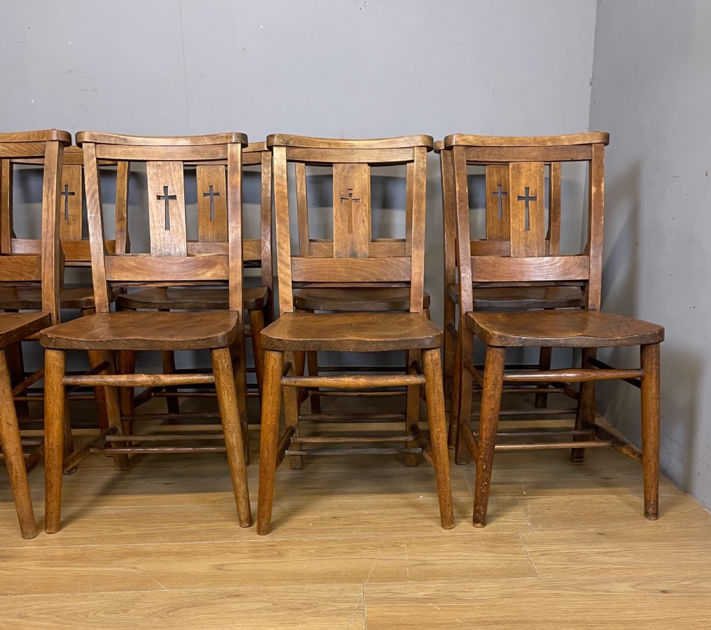 Set of 10 C19TH elm and beech chapel chairs  View XIII