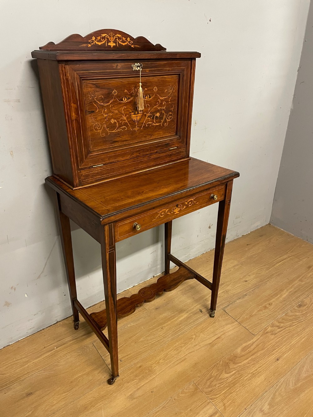 Late C19TH Sheraton revival inlaid rosewood writing desk  View II