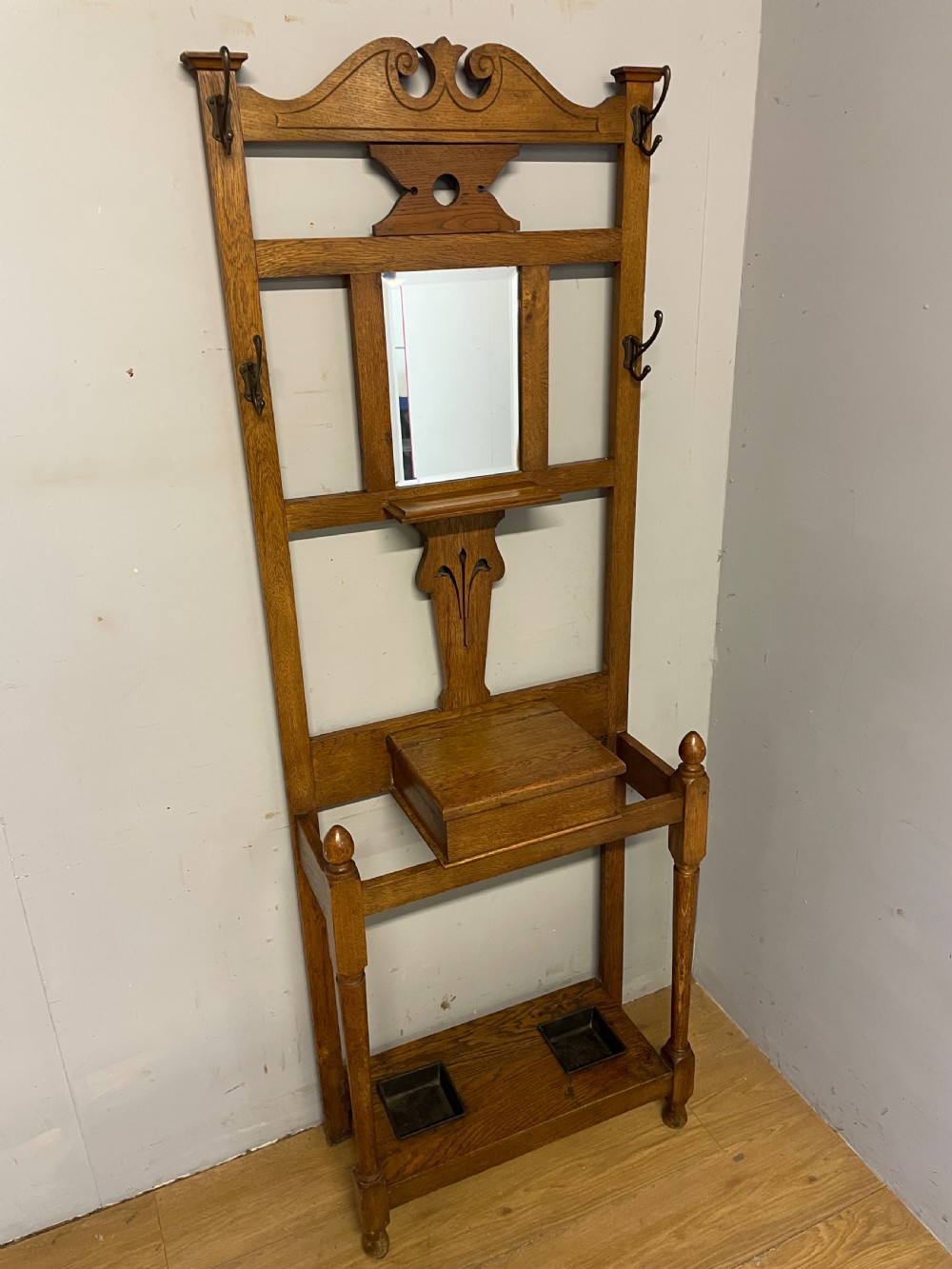 Arts and Crafts small golden oak hall stand  View III