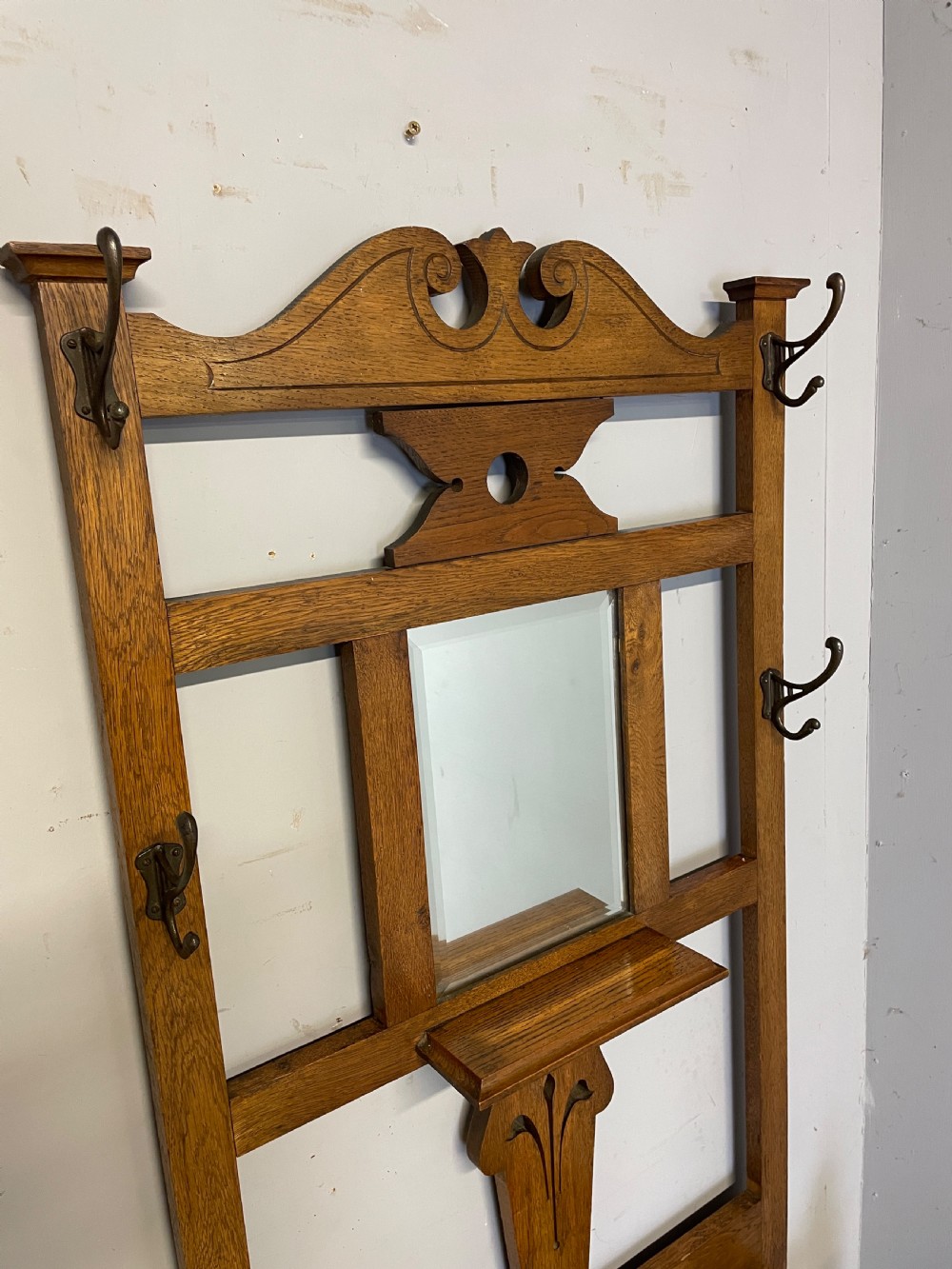 Arts and Crafts small golden oak hall stand  View IV
