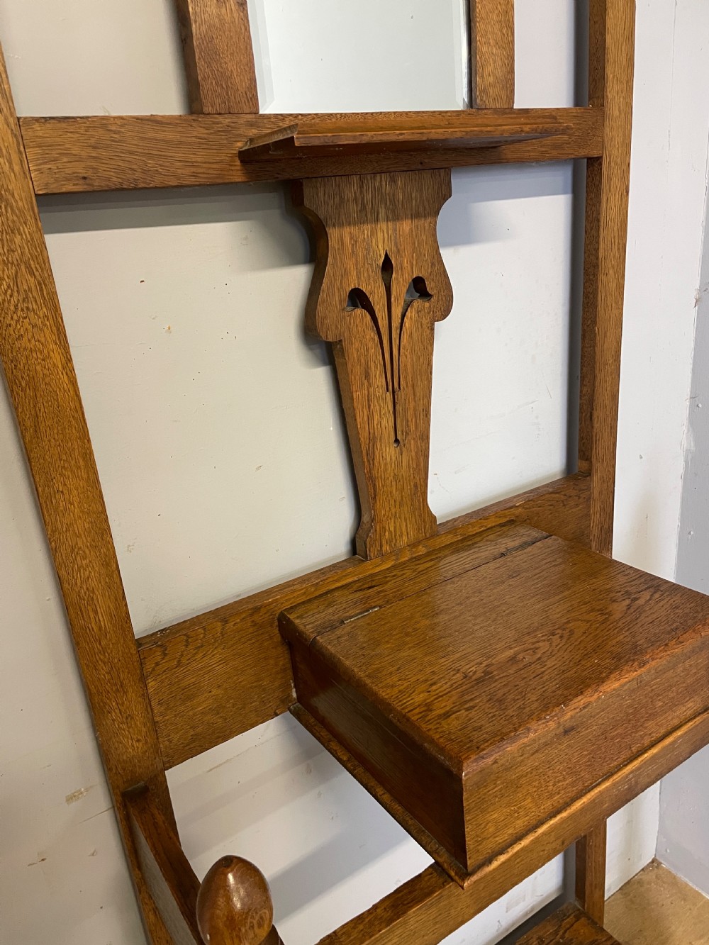 Arts and Crafts small golden oak hall stand  View V