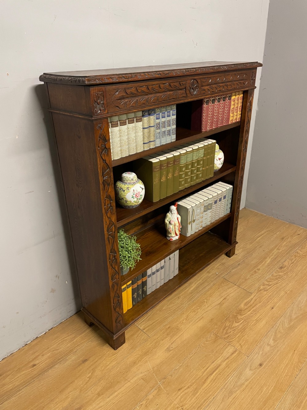 Edwardian Arts and Crafts solid golden oak freestanding adjustable bookcase  View II
