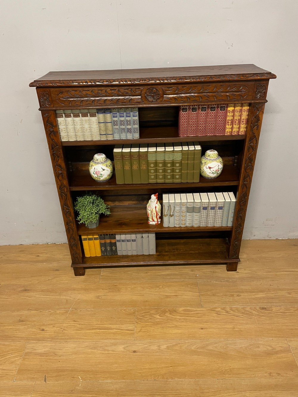 Edwardian Arts and Crafts solid golden oak freestanding adjustable bookcase  View III