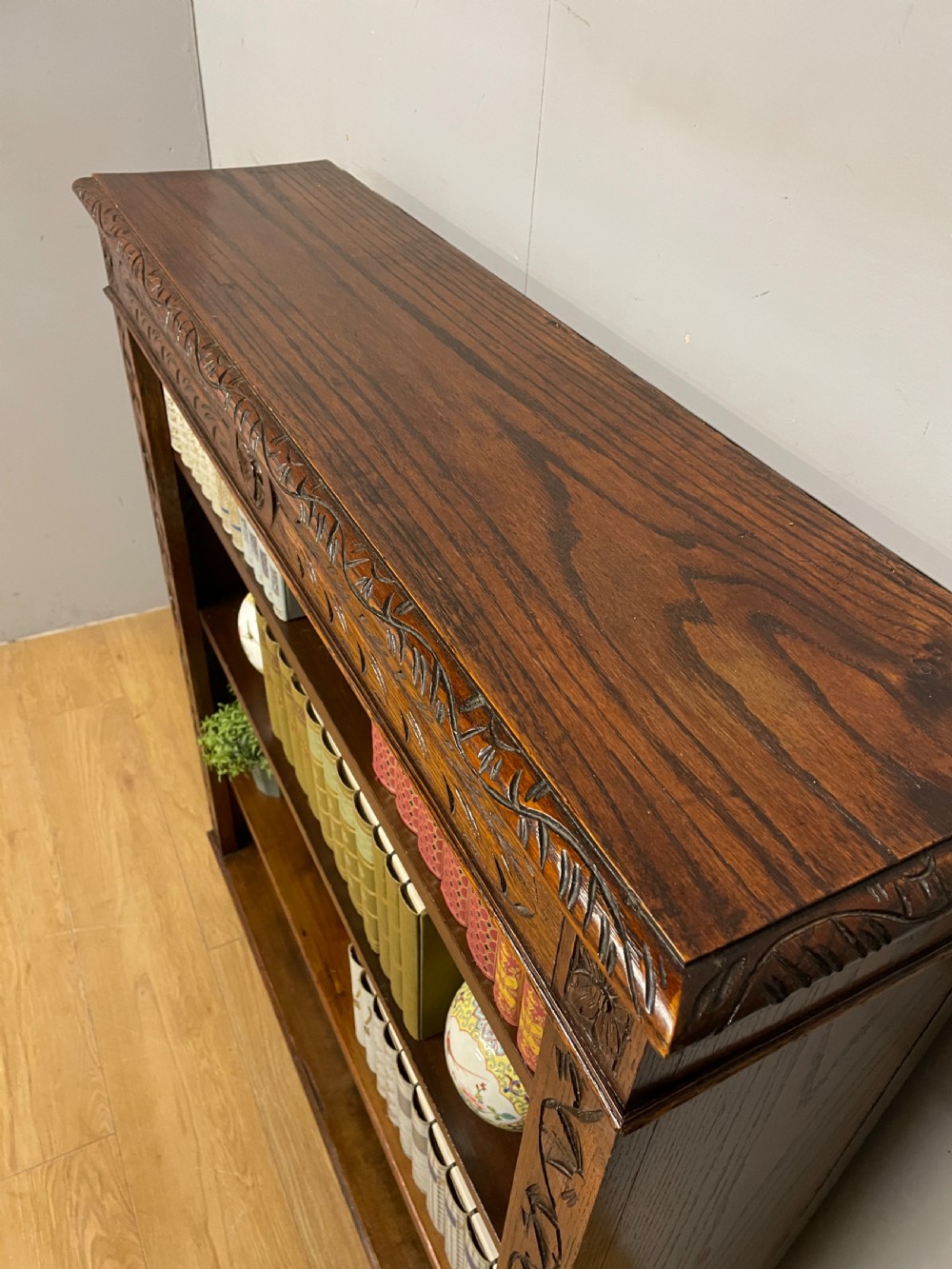Edwardian Arts and Crafts solid golden oak freestanding adjustable bookcase  View IV