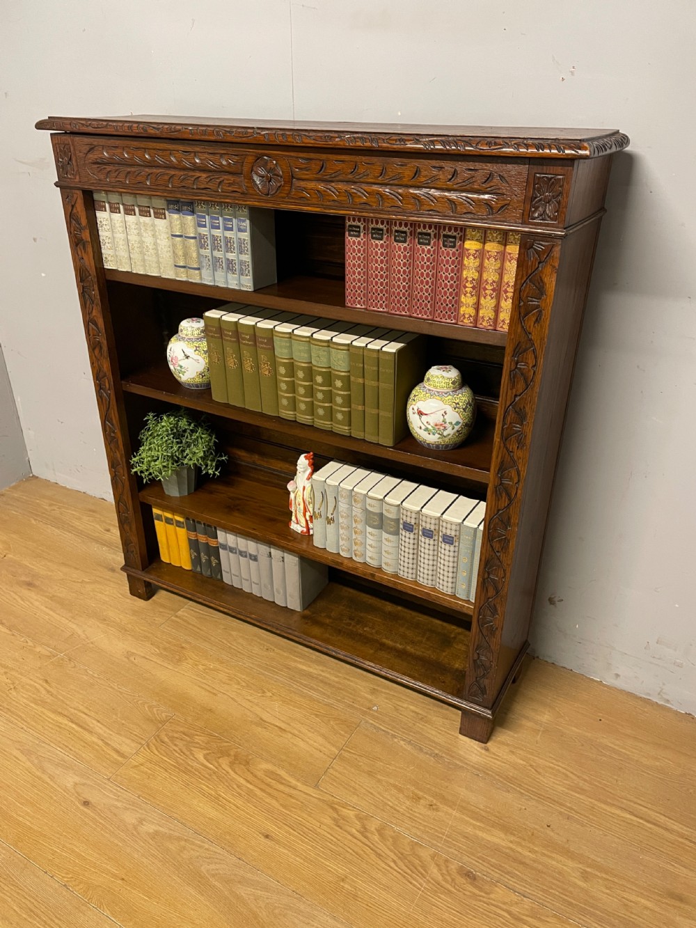 Edwardian Arts and Crafts solid golden oak freestanding adjustable bookcase  View V