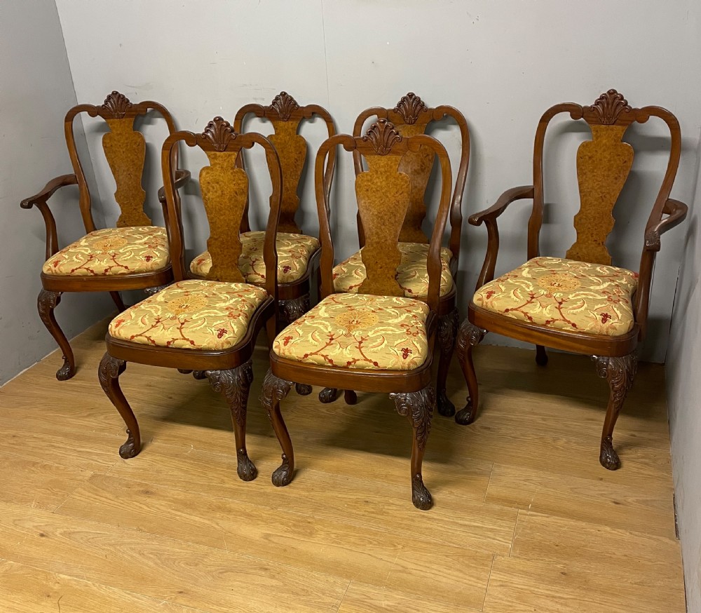 Set of 6 Queen Anne style burr walnut dining chairs circa 1920 View II