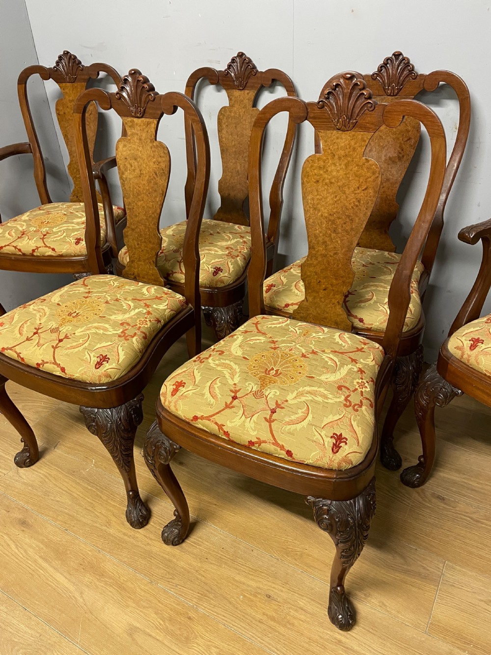 Set of 6 Queen Anne style burr walnut dining chairs circa 1920 View III
