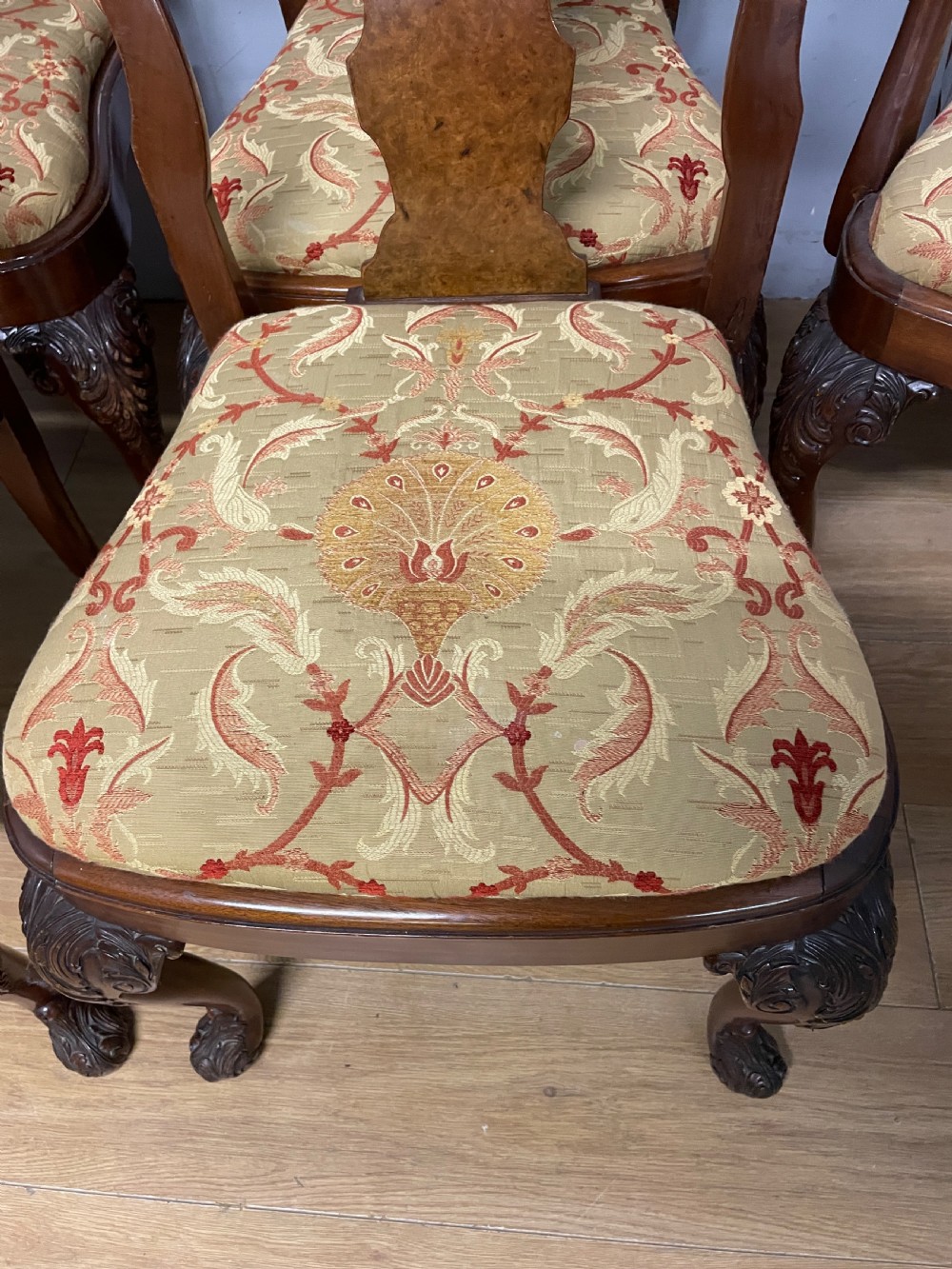 Set of 6 Queen Anne style burr walnut dining chairs circa 1920 View IV