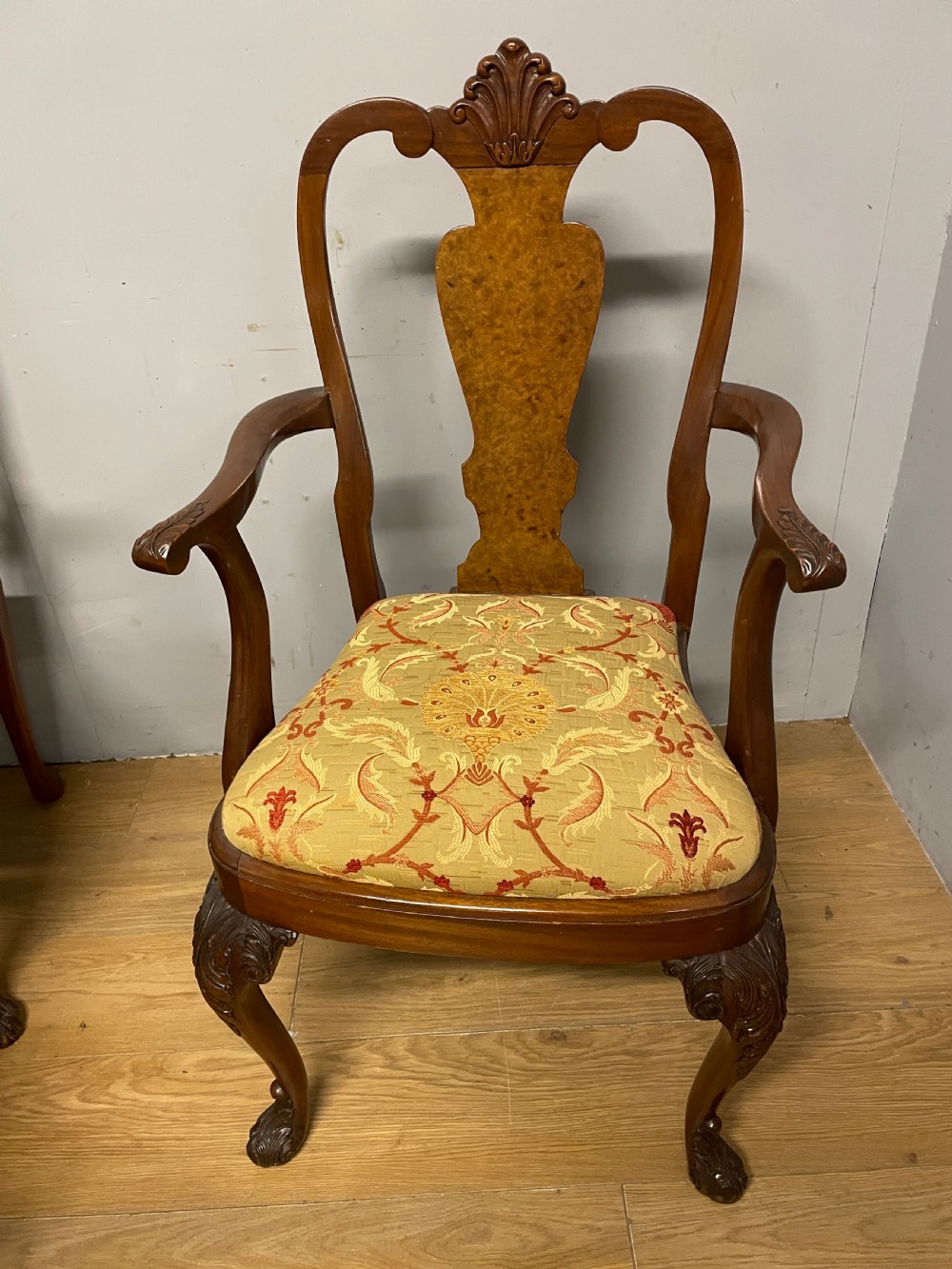 Set of 6 Queen Anne style burr walnut dining chairs circa 1920 View V