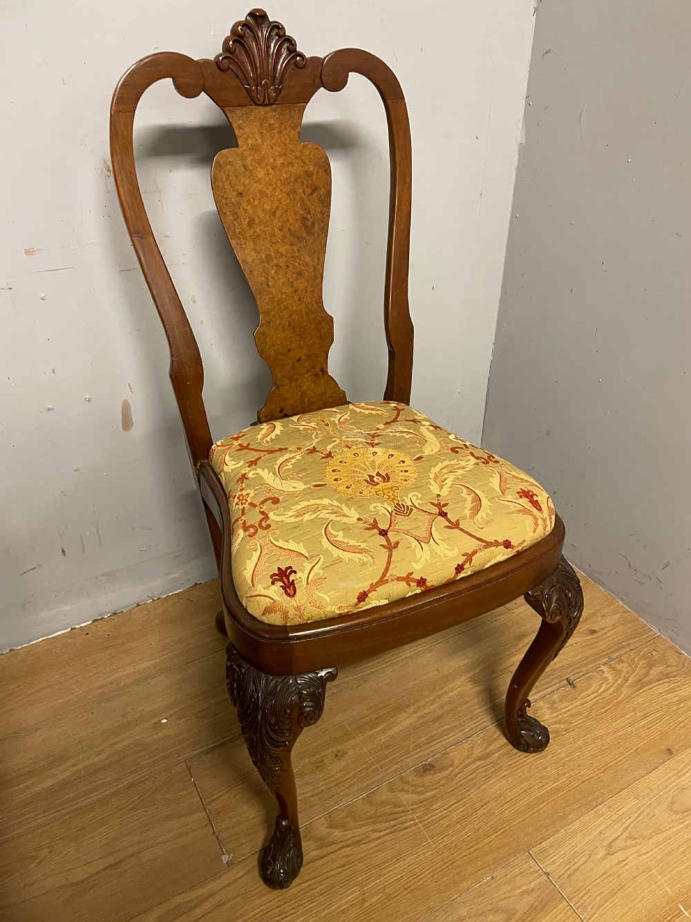 Set of 6 Queen Anne style burr walnut dining chairs circa 1920 View XII